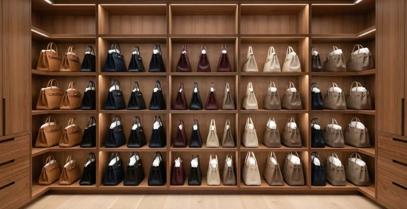 Intérieur de placard avec sacs en cuir parfaitement rangés sur étagères avec papier de soie