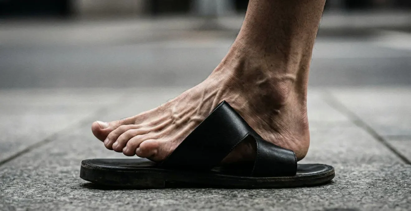 Vue latérale d'un pied montrant la tension des tendons lors du port de sandales sans bride arrière