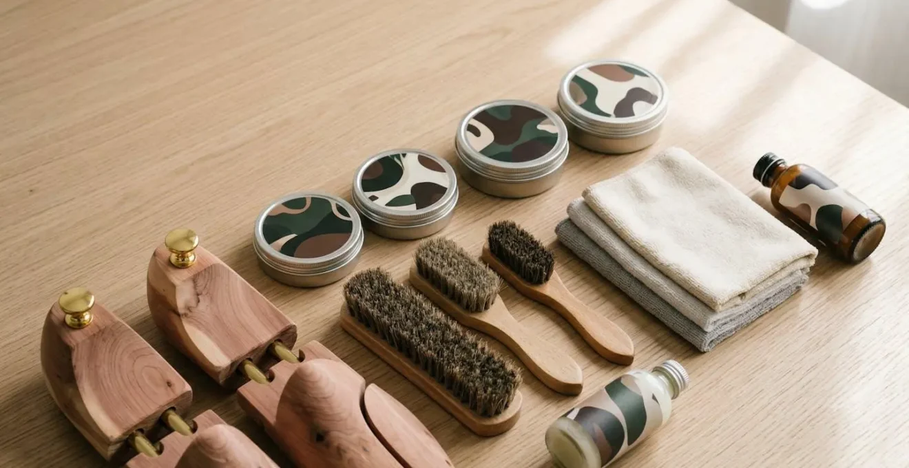 Table d'entretien avec produits naturels pour cuir, brosses en crin et embauchoirs en cèdre