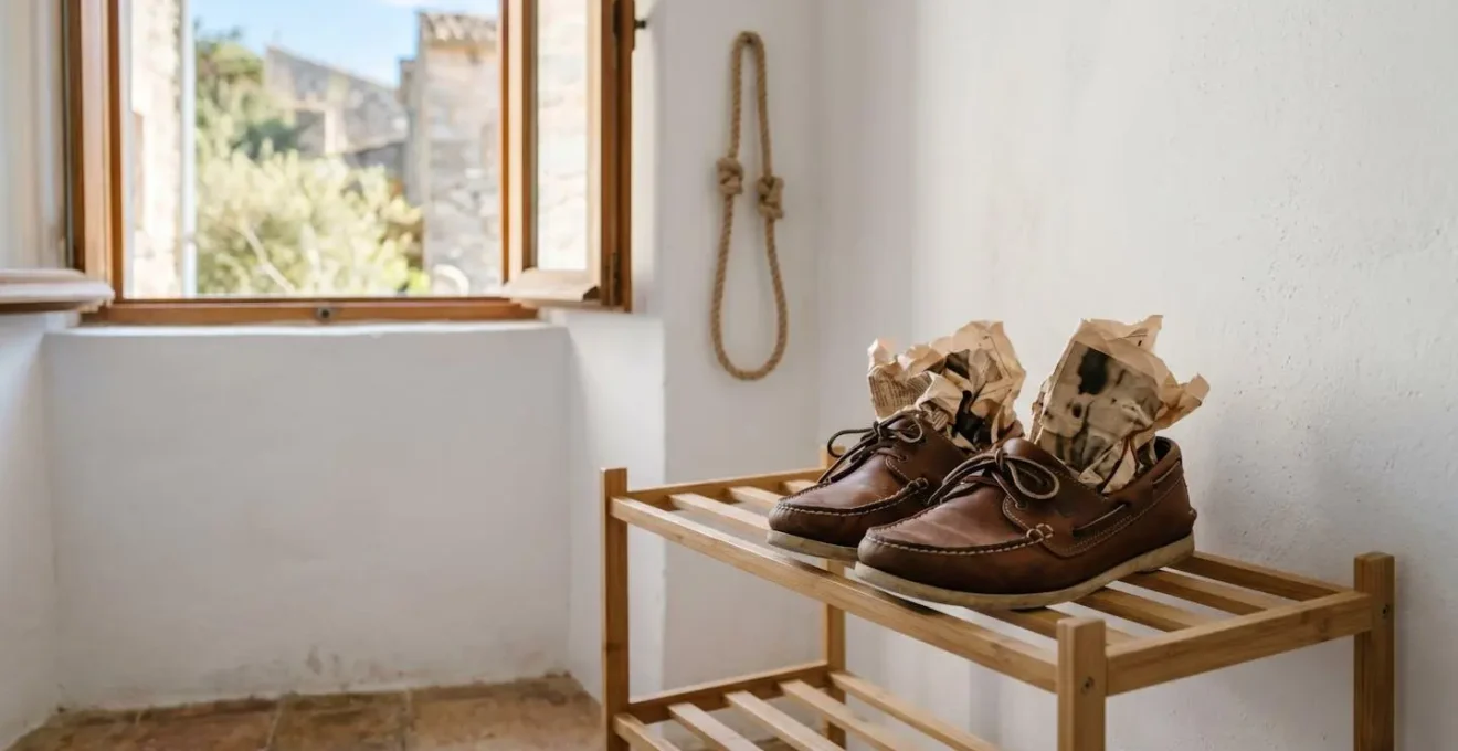 Chaussures bateau en train de sécher avec du papier journal à l'ombre pour absorber l'humidité