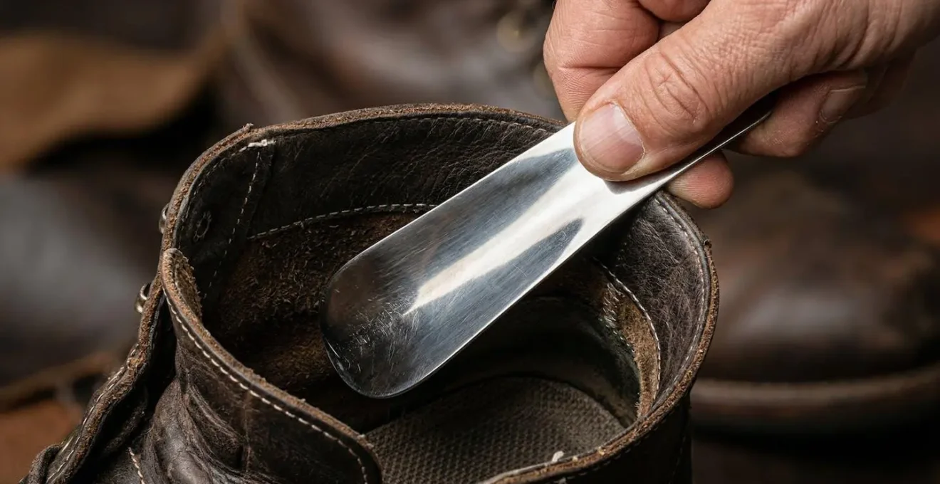 Main tenant un chausse-pied métallique à 45 degrés dans une chaussure montante en cuir