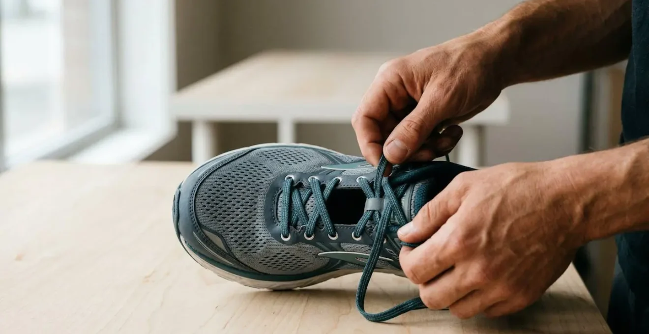Gros plan sur une chaussure de running où une personne réalise un laçage en fenêtre pour décompresser le coup-de-pied.