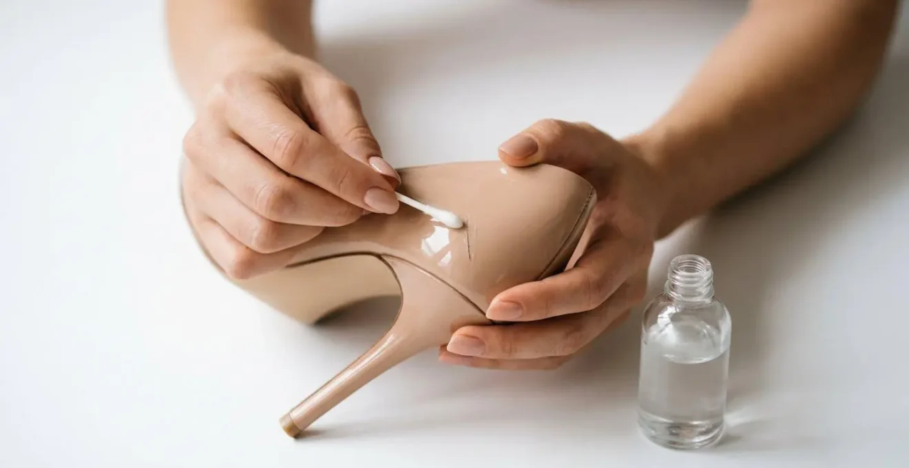 Mains appliquant délicatement un produit sur un escarpin vernis nude