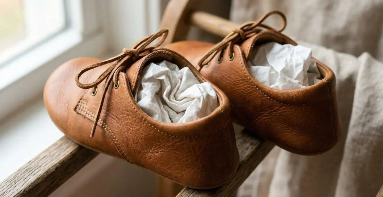 Chaussons en cuir souple bourrés de papier de soie blanc pendant le séchage