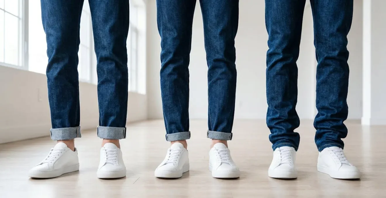 Comparaison visuelle de différentes techniques d'ourlet de jean pour protéger les chaussures