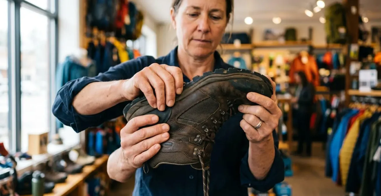 Mains testant la rigidité en torsion d'une chaussure de randonnée