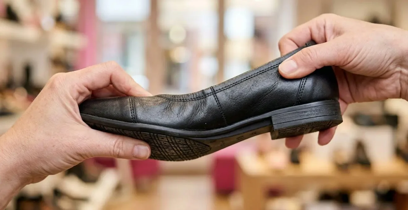 Mains testant la flexibilité d'une ballerine en magasin, montrant le test de torsion