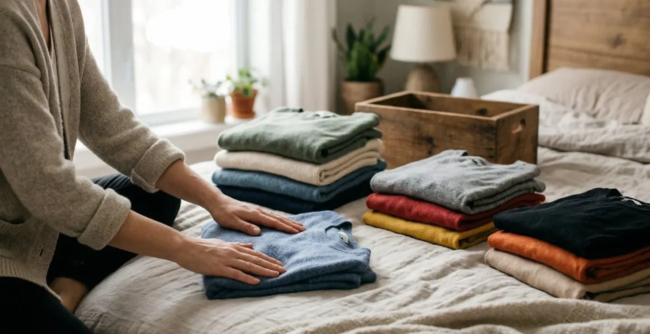 Vêtements triés en piles organisées sur lit avec boîtes de rangement