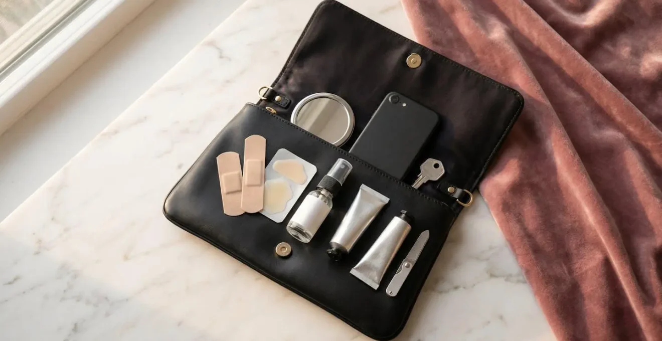 Trousse de secours élégante pour les pieds, disposée dans une pochette de soirée ouverte.