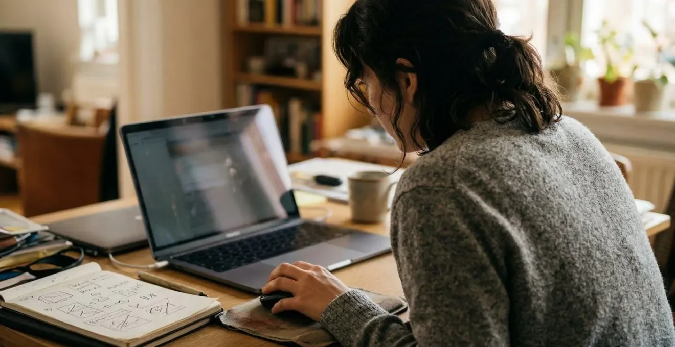 Personne vérifiant la fiabilité d'un site de chaussures sur ordinateur portable, angle arrière