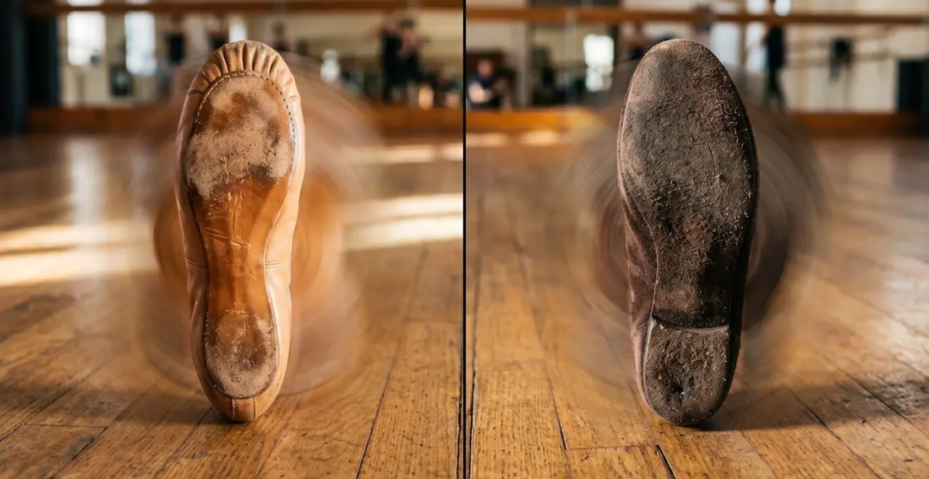 Comparaison détaillée de la texture d'une semelle en cuir lisse et d'une semelle en daim pour chaussures de danse