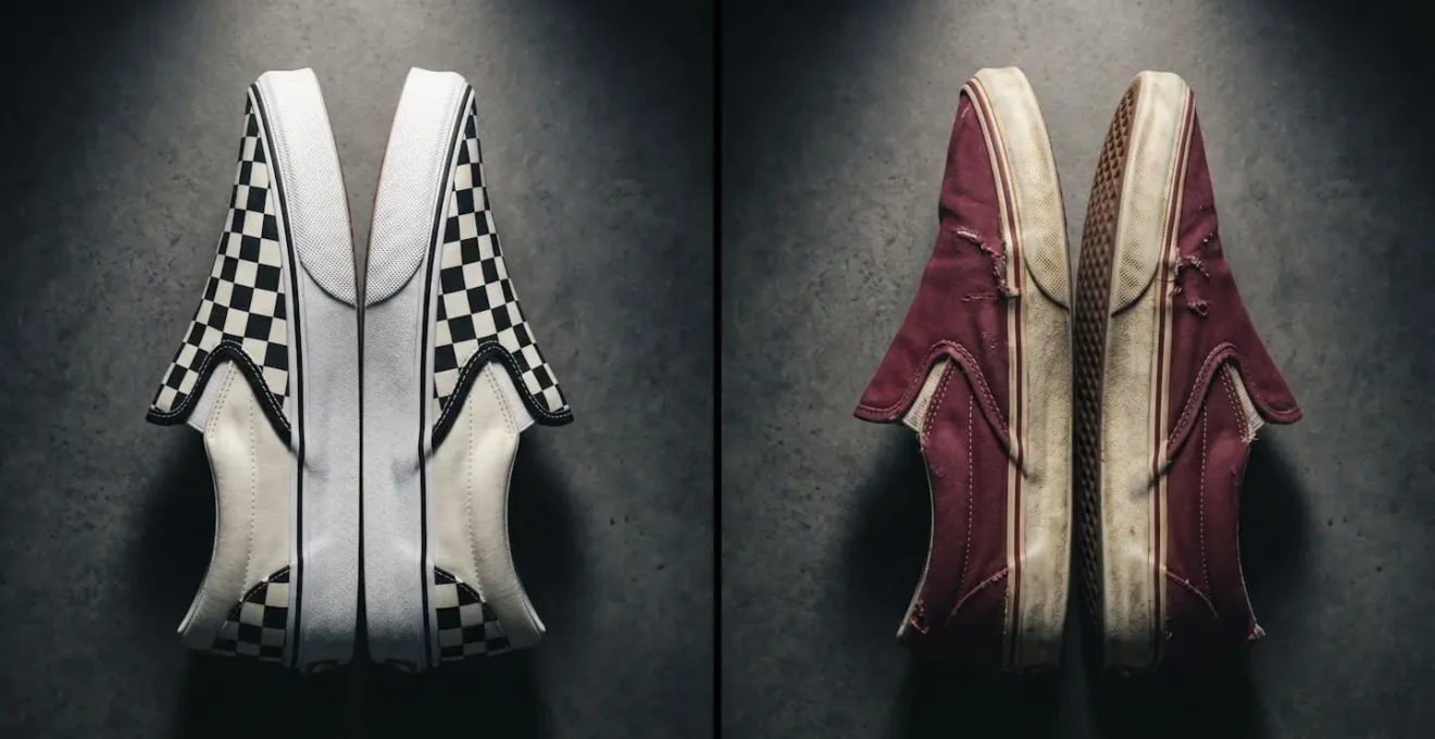 Comparaison côte à côte de Vans à damier neuves et Vans unies usées avec patine naturelle
