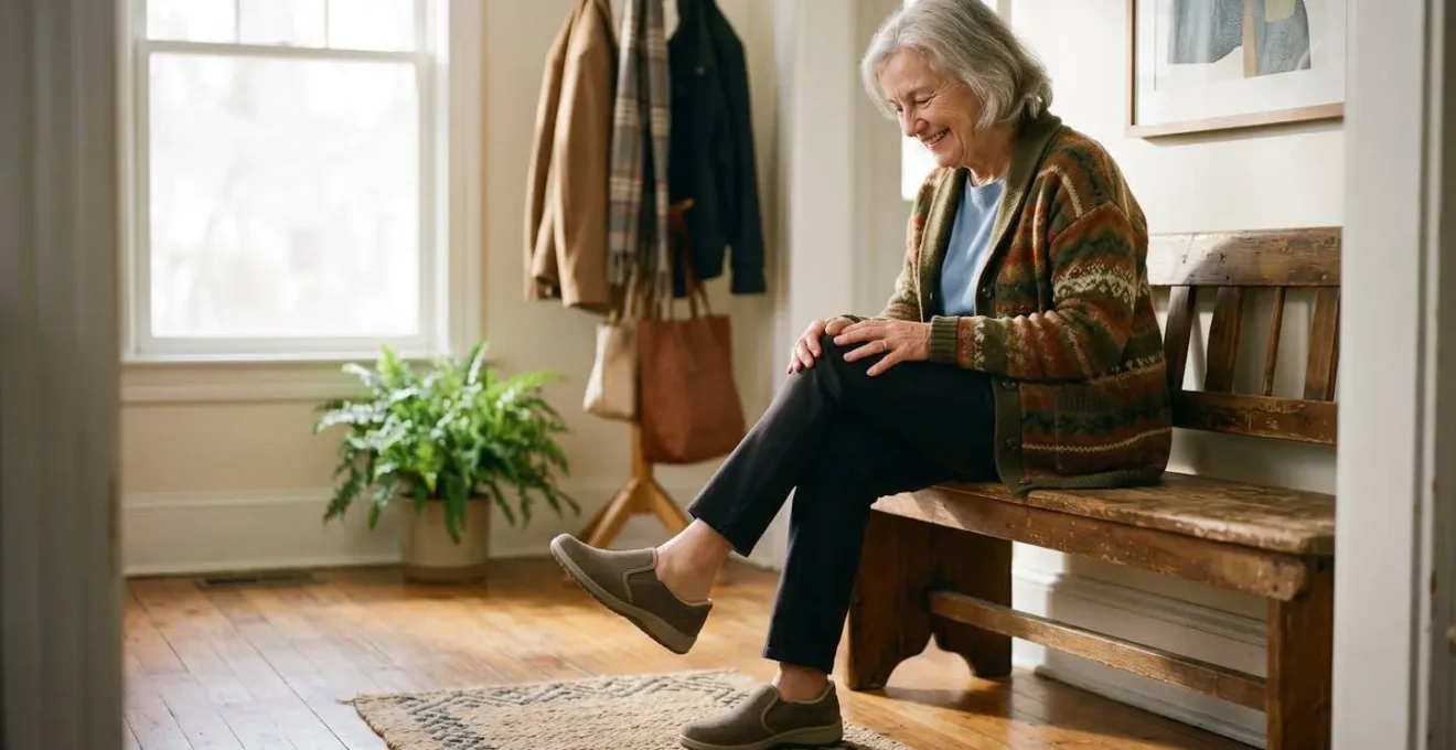 Personne âgée enfilant facilement des chaussures adaptées avec maintien optimal
